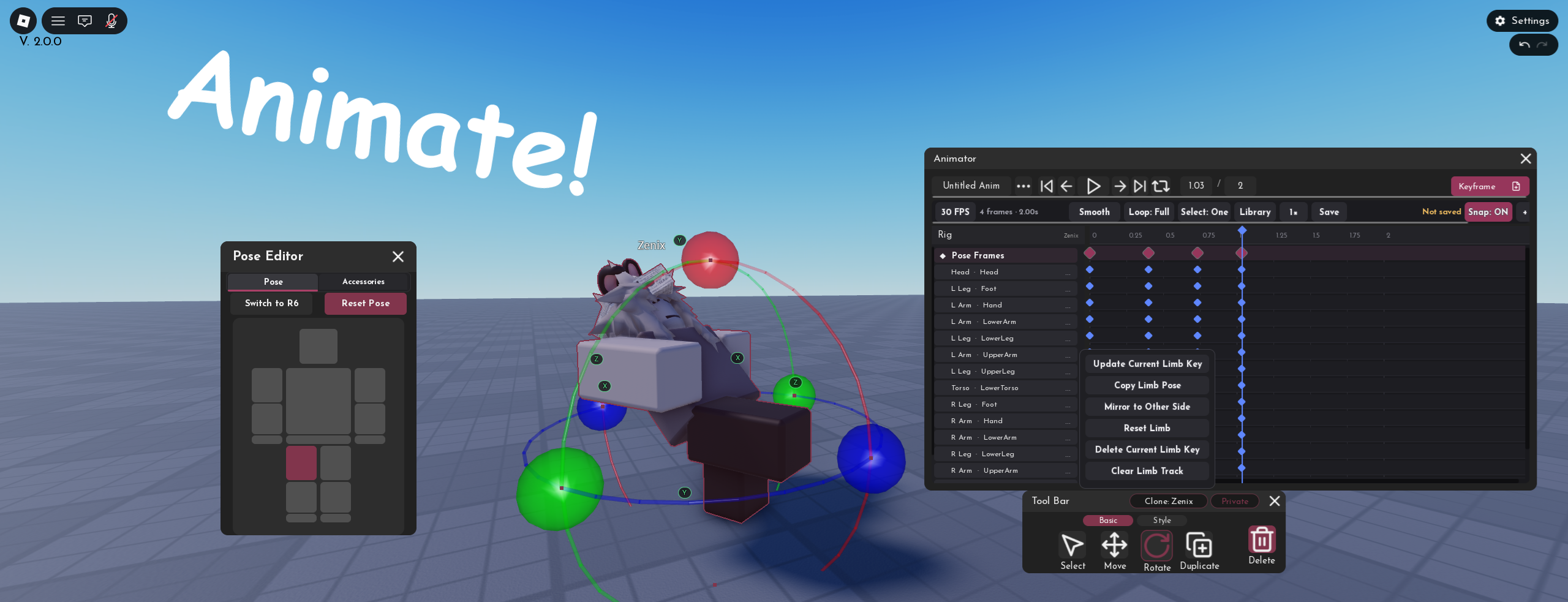 Clone Playground character posing and animation tools
