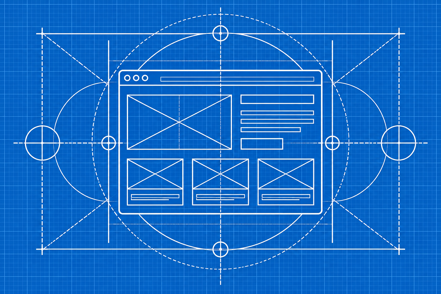 White interface wireframes, circles, and drafting guides on a blue engineering blueprint